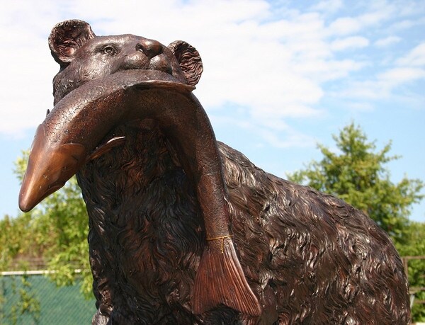 Bear With Fish Garden Sculpture Bronze
